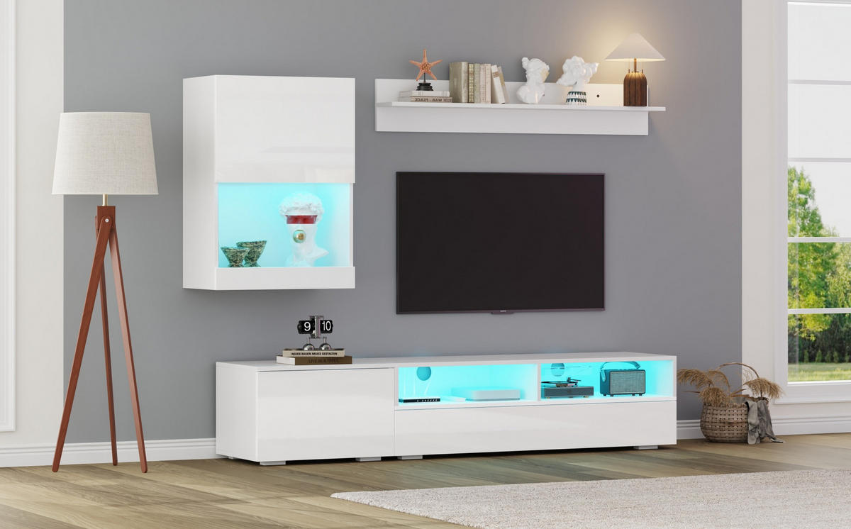 TV-WOHNWAND-SET 175/39/34 cm Weiß mit LED-Beleuchtung und Hochglanz - Weiß, Holzwerkstoff (175/34/39cm) - OKWISH
