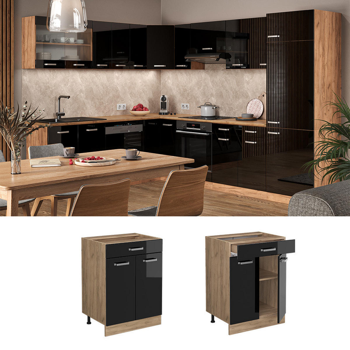 KÜCHENUNTERSCHRANK R-Line Schwarz Hochglanz 60 cm mit Schublade AP Anthrazit - Schwarz Hochglanz/Eiche Wotan, Holzwerkstoff (60/81.6/60cm) - Vicco