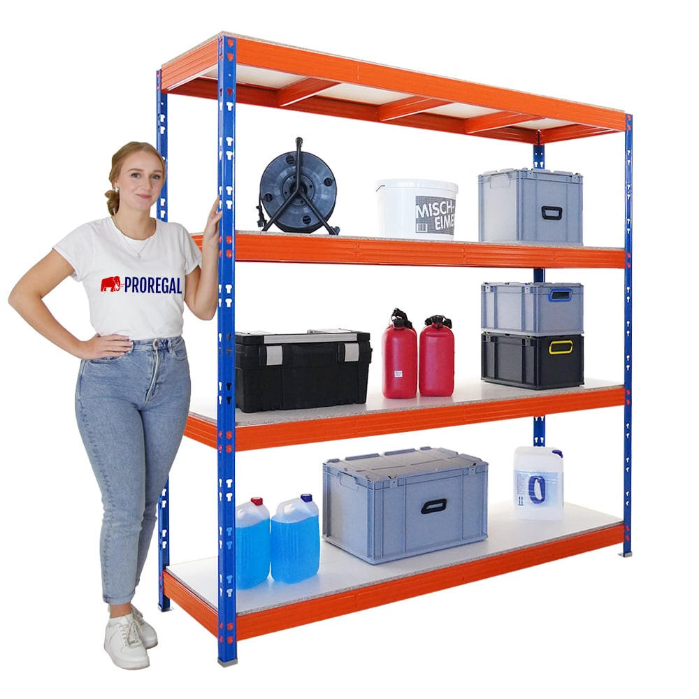 SCHWERLASTREGAL Rhino 200x200x60 cm 4 Melamin-Ebenen 16mm Fachlast 500 kg Blau/Orange - Blau/Orange, Metall (200/200/60cm) - PROREGAL
