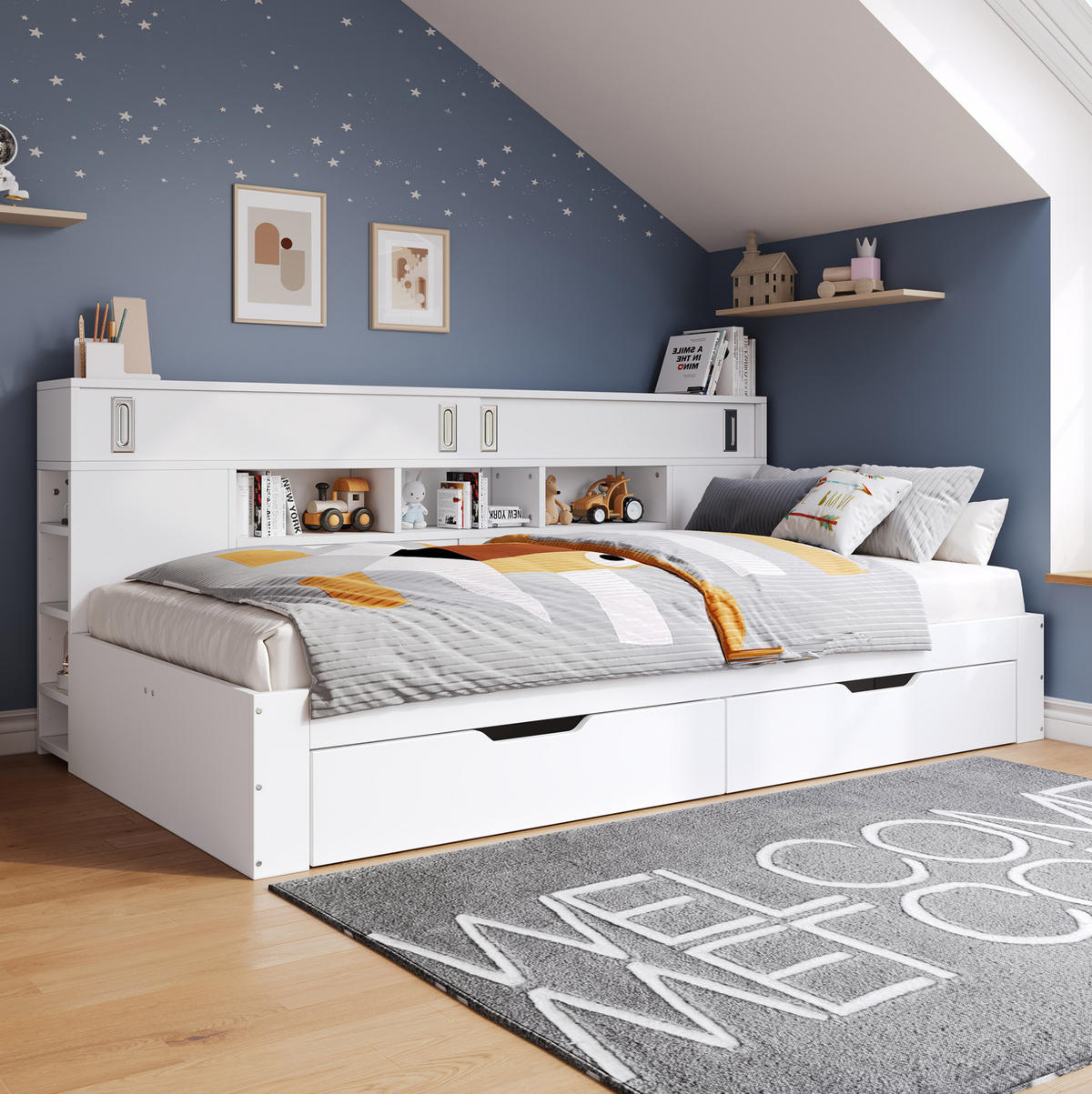KINDER-TAGESBETT 90/190 cm Weiß aus MDF mit 2 Schubladen, Schiebetüren und Regalen - Weiß, Holzwerkstoff (90/190cm) - OKMYHOME