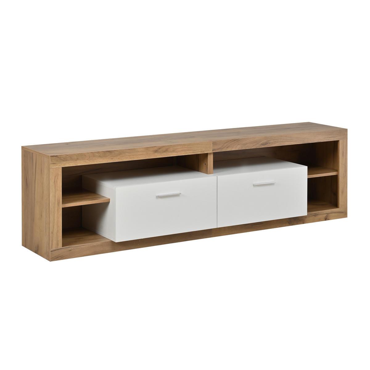 LOWBOARD Natur/Weiß 180/35,5/50 cm, LED-Beleuchtung, 2 Schubladen, 4 offene Fächer - Naturfarben, Holzwerkstoff (180/50/35.5cm) - PANGIVO