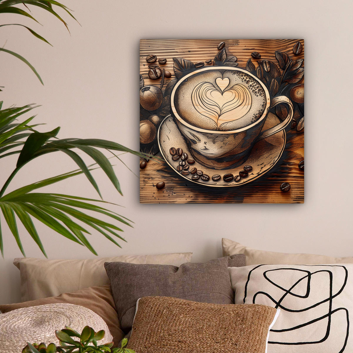 LEINWANDBILD Kaffee - Vintage - Braun - Tasse - Holz 50x50 cm - Braun, Textil (50/50cm) - MuchoWow