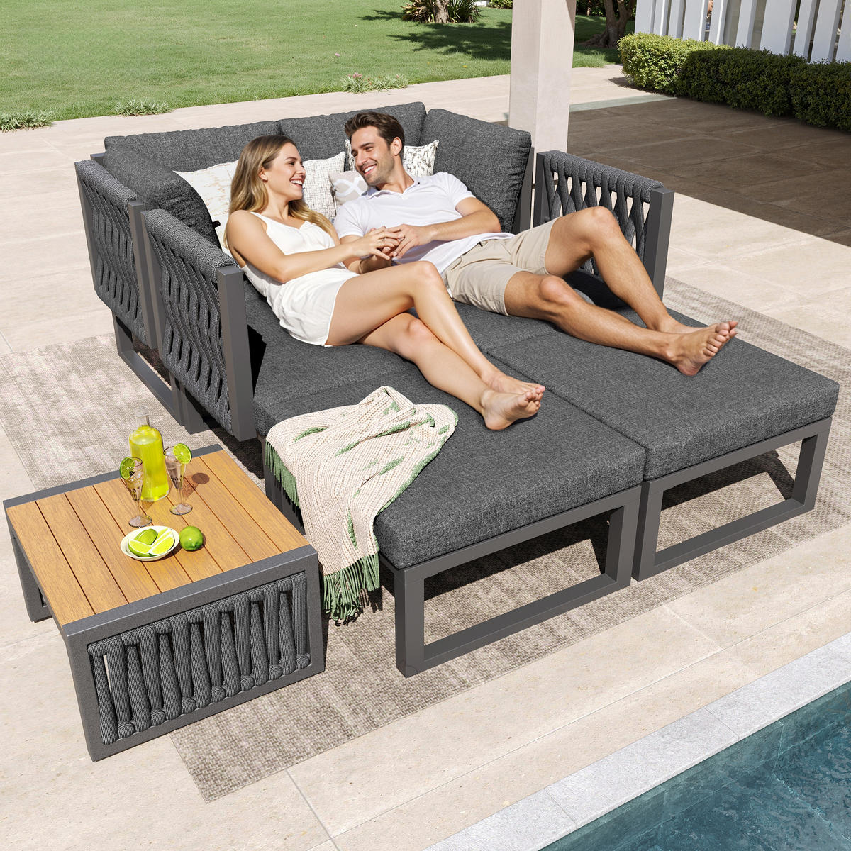 DOPPELLIEGE 6 Personen Grau Mit Verstellbarer Rückenlehne - Grau, Metall - FLIEKS