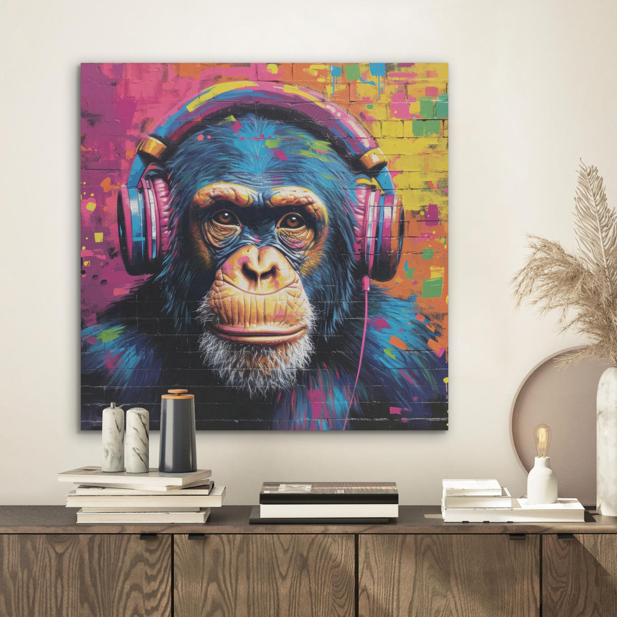 AKUSTIKBILD Graffiti - Schimpanse - Straßenkunst - Kopfhörer - Affe Wandbilder 60x60 cm - Blau, Kunststoff (60/60/0.9cm) - MuchoWow