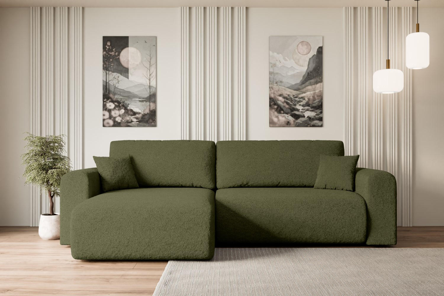 ECKSOFA mit Schlaffunktion und Bettkasten ORRO-L - 272x145x83 cm Grün Bouclé - Schwarz/Grün, Holzwerkstoff/Kunststoff (272/145cm) - ALTDECOR