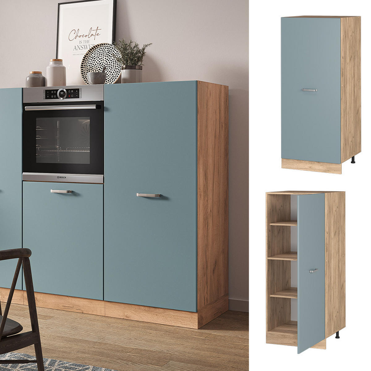 HOCHSCHRANK R-Line Blau-Grau 60 cm - Honigeiche/Eiche Wotan, Holzwerkstoff (60/143/57cm) - Vicco