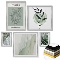 WANDBILDER 5er Set - 50x50 cm & 20x30 cm & 40x60 cm Silberner Rahmen - Grün-beige Pflanzenmuster - Silberfarben, Kunststoff (40/60cm) - ArtPrintCave