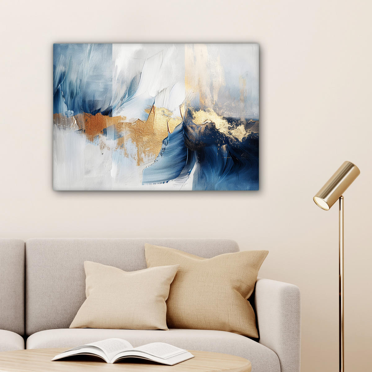 LEINWANDBILD Gold - Blau - Aquarell - Kunst - Modern Wandbilder 80x60 cm - Hellblau, Textil (80/60cm) - MuchoWow