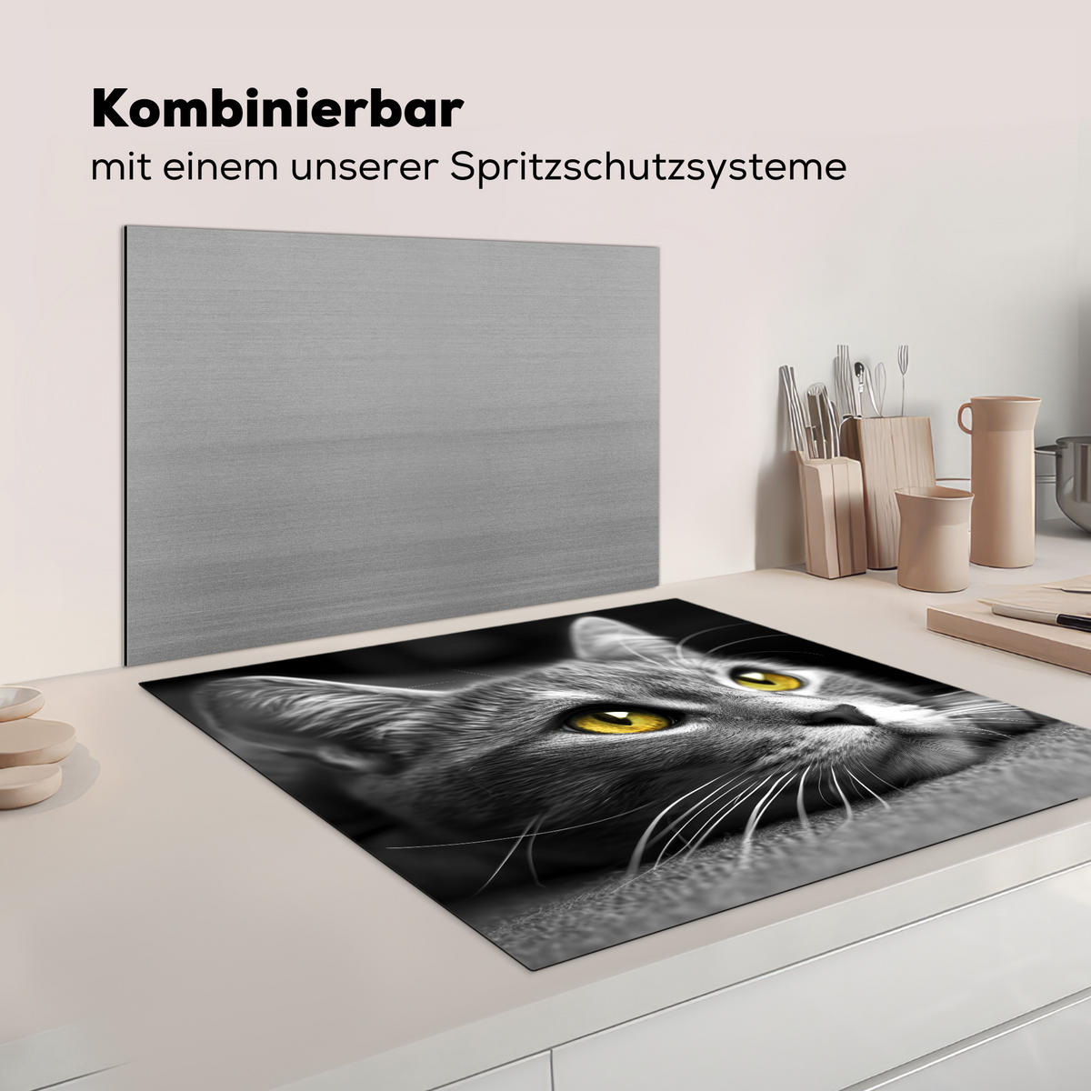 HERDABDECKPLATTE Katze - Grau - Tiere - Katze Induktionsmatte 78x78 cm - Grau, Kunststoff (78/78/0.2cm) - MuchoWow