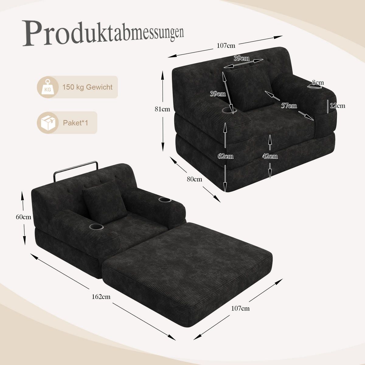 SCHLAFSESSEL Cord komprimiert, DE-42543, Schwarz - Schwarz, Metall (107/81/80cm) - ComfortXL