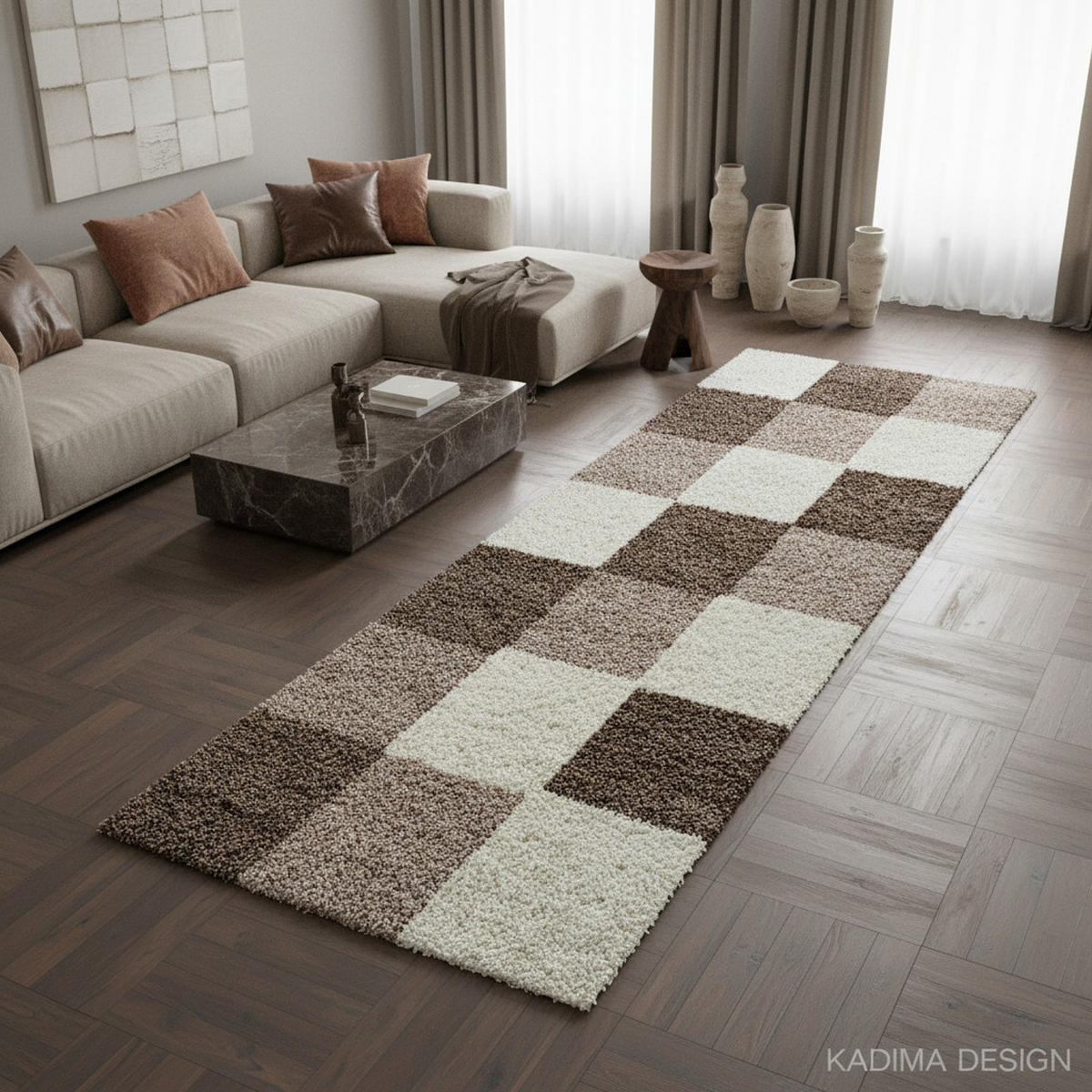 TEPPICH Hochflor Karo Polypropylen Wohnzimmer Shaggy Mokka Läufer 80x250 - Braun, Textil (80/250cm) - KADIMA DESIGN