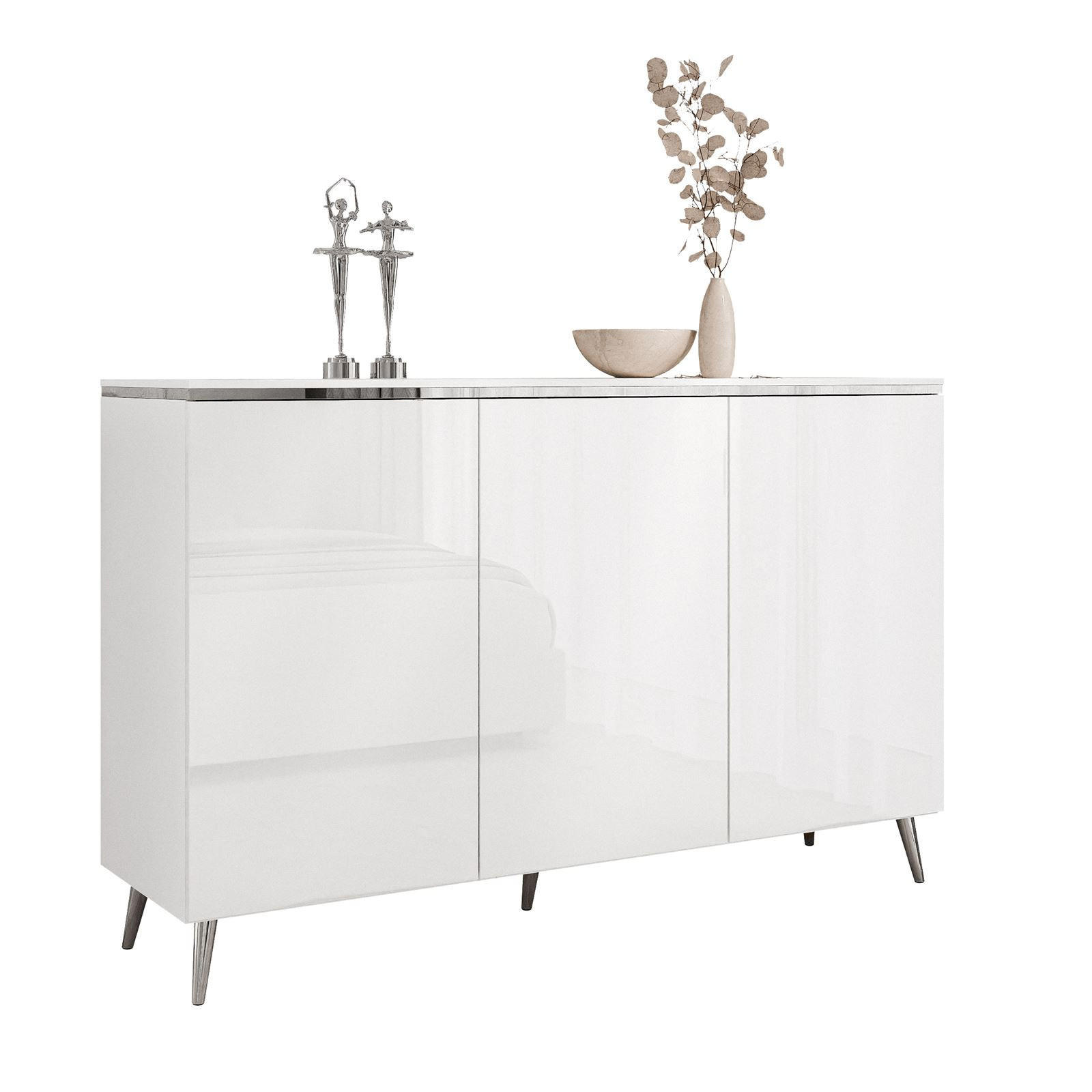 KOMMODE AURORA SILVER 3D – mit schrägen verchromten Beinen - Weiß Hochglanz/Silberfarben, Holzwerkstoff/Metall (140/90/40cm) - Lookway