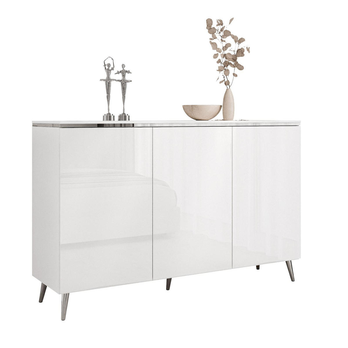 KOMMODE AURORA SILVER 3D – mit schrägen verchromten Beinen - Weiß Hochglanz/Silberfarben, Holzwerkstoff/Metall (140/90/40cm) - Lookway