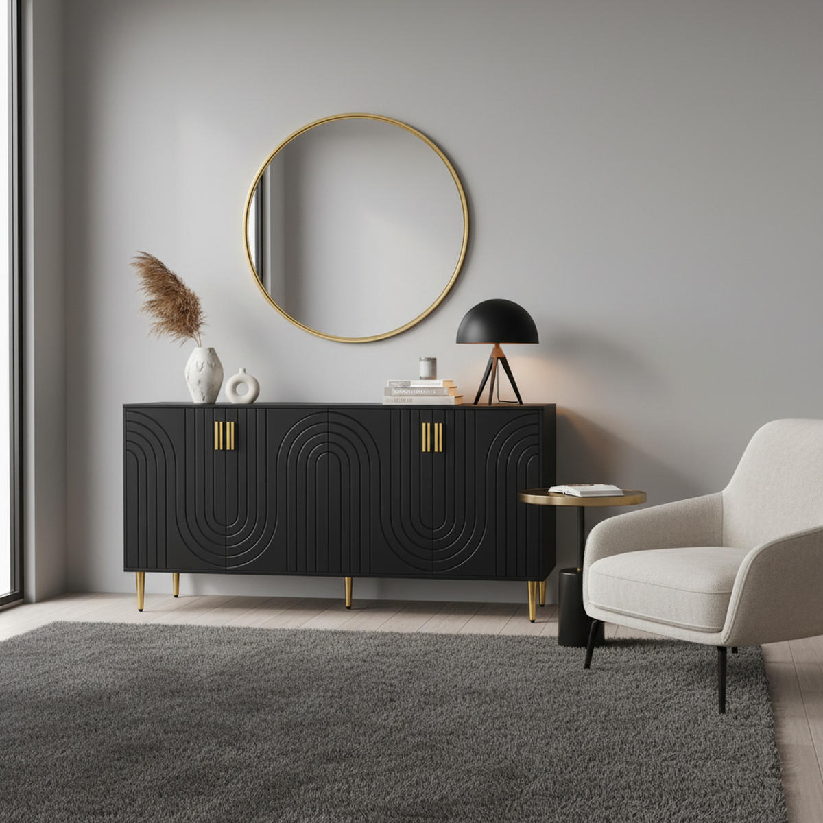 SIDEBOARD Wellenfront mit goldenen Griffen & Füßen Schwarzes - Schwarz, Holzwerkstoff (152/75/40cm) - Urban Meuble