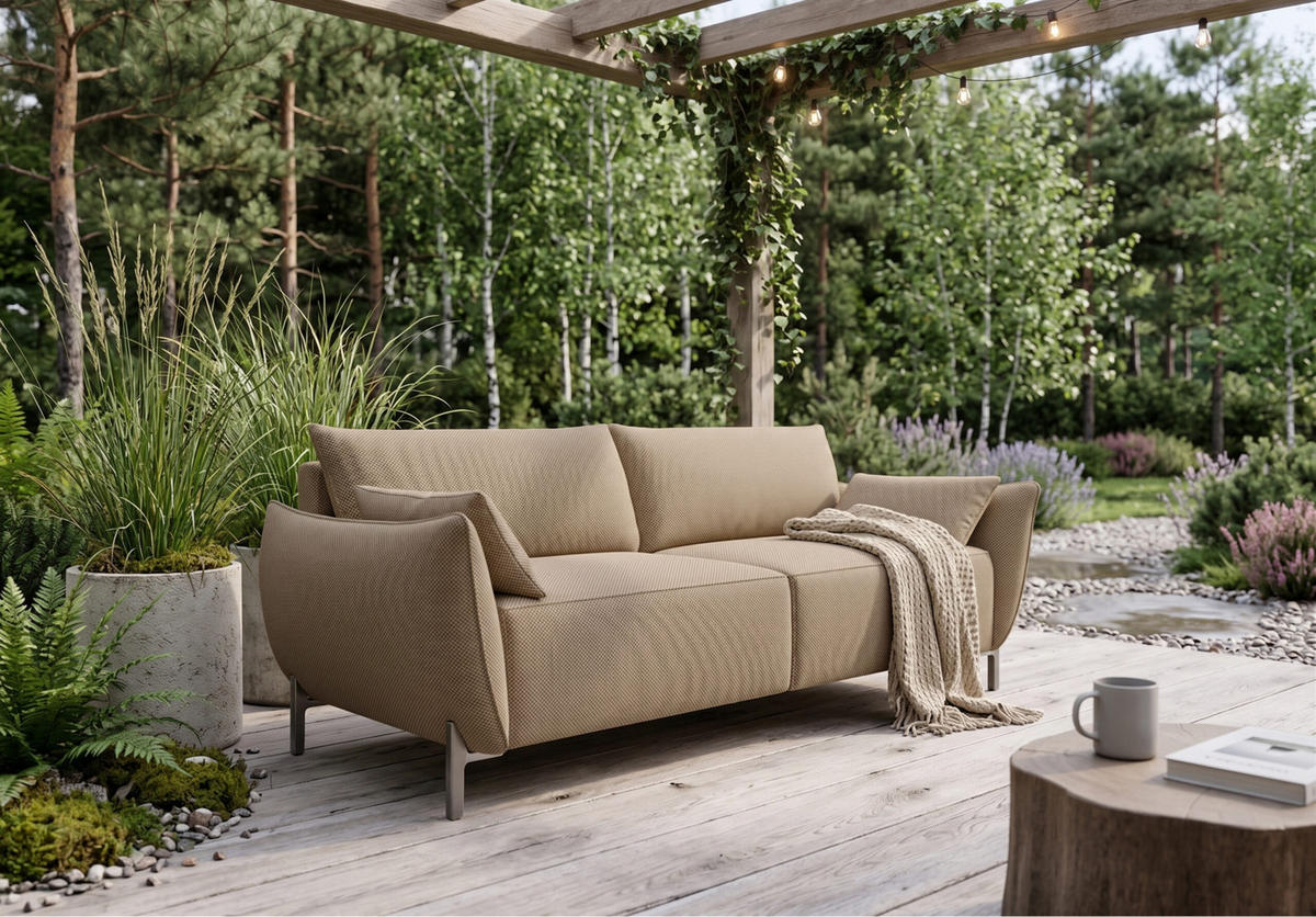 SOFA 2-Sitzer für Terrasse und Garten, Stoff Sunlight, Toffee, SUNMEE - Braun, Holz (158/90/95cm) - Kaiser Möbel
