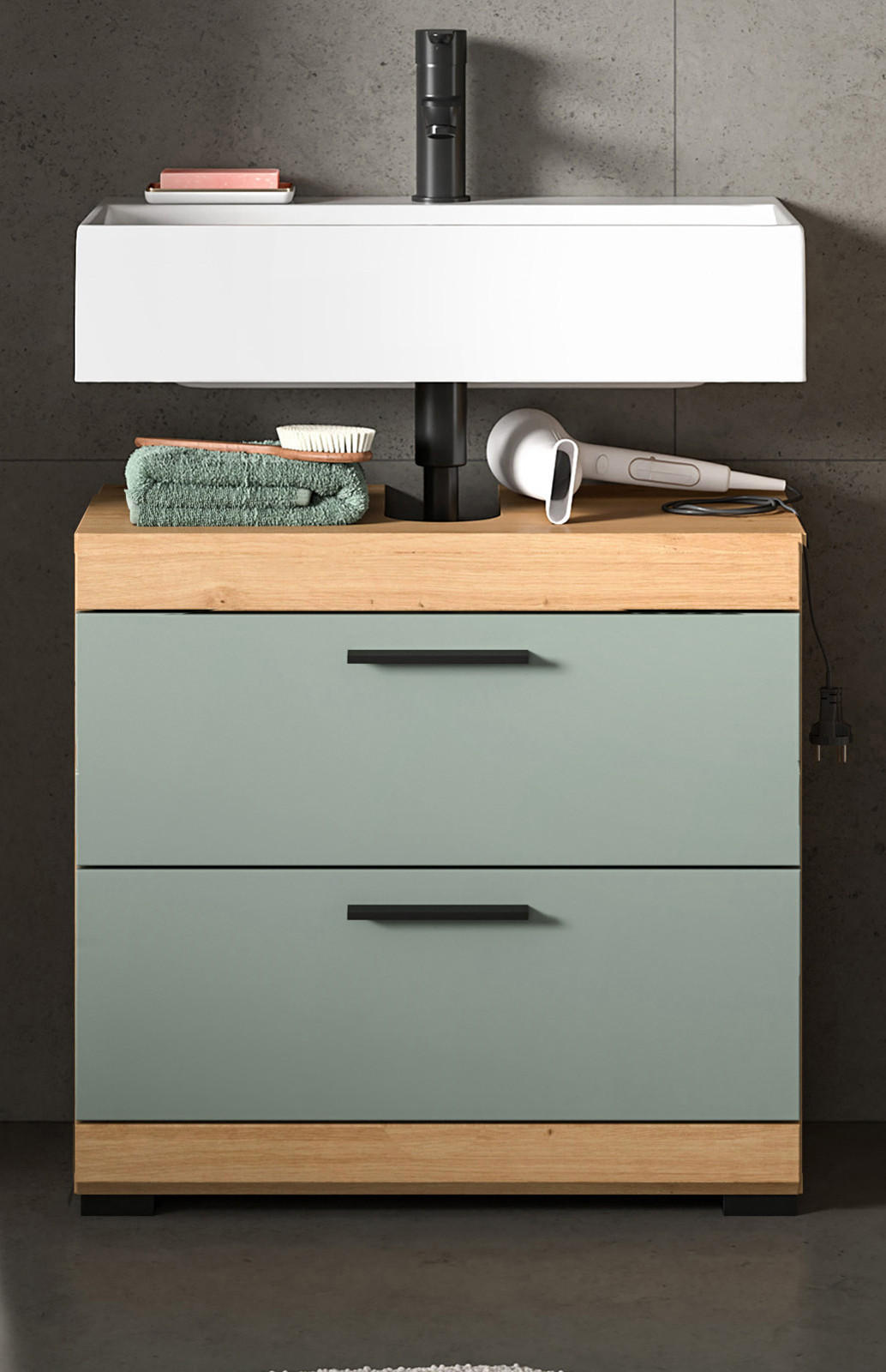 WASCHBECKENUNTERSCHRANK Salbei grün, Eiche Artisan 60 cm mit Schubkästen - Salbeigrün/Schwarz, Holzwerkstoff/Kunststoff (60/56/37cm) - Inn.Furn