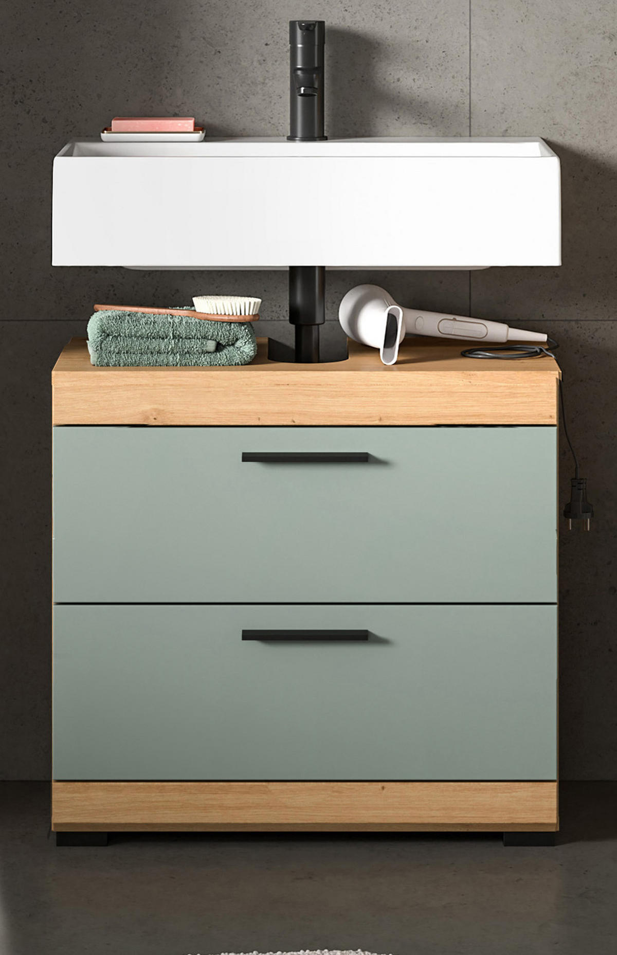 WASCHBECKENUNTERSCHRANK Salbei grün, Eiche Artisan 60 cm mit Schubkästen - Salbeigrün/Schwarz, Holzwerkstoff/Kunststoff (60/56/37cm) - Inn.Furn