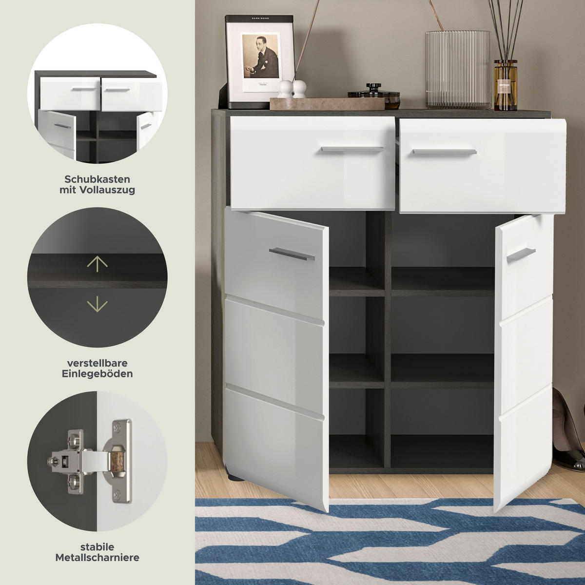 SCHUHKOMMODE SALSA (B/H/T: ca. 80/90/37 cm) in Rauchsilber Nachbildung/weiß hochglanz - Silberfarben, Holzwerkstoff (80/90/37cm)