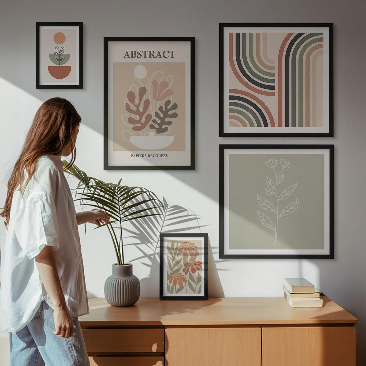BILDER SET 5er Set - 50x50 cm & 20x30 cm & 40x60 cm Schwarzer Rahmen - Abstrakte Pastellpflanzen - Schwarz, Kunststoff (40/60cm) - TULUP