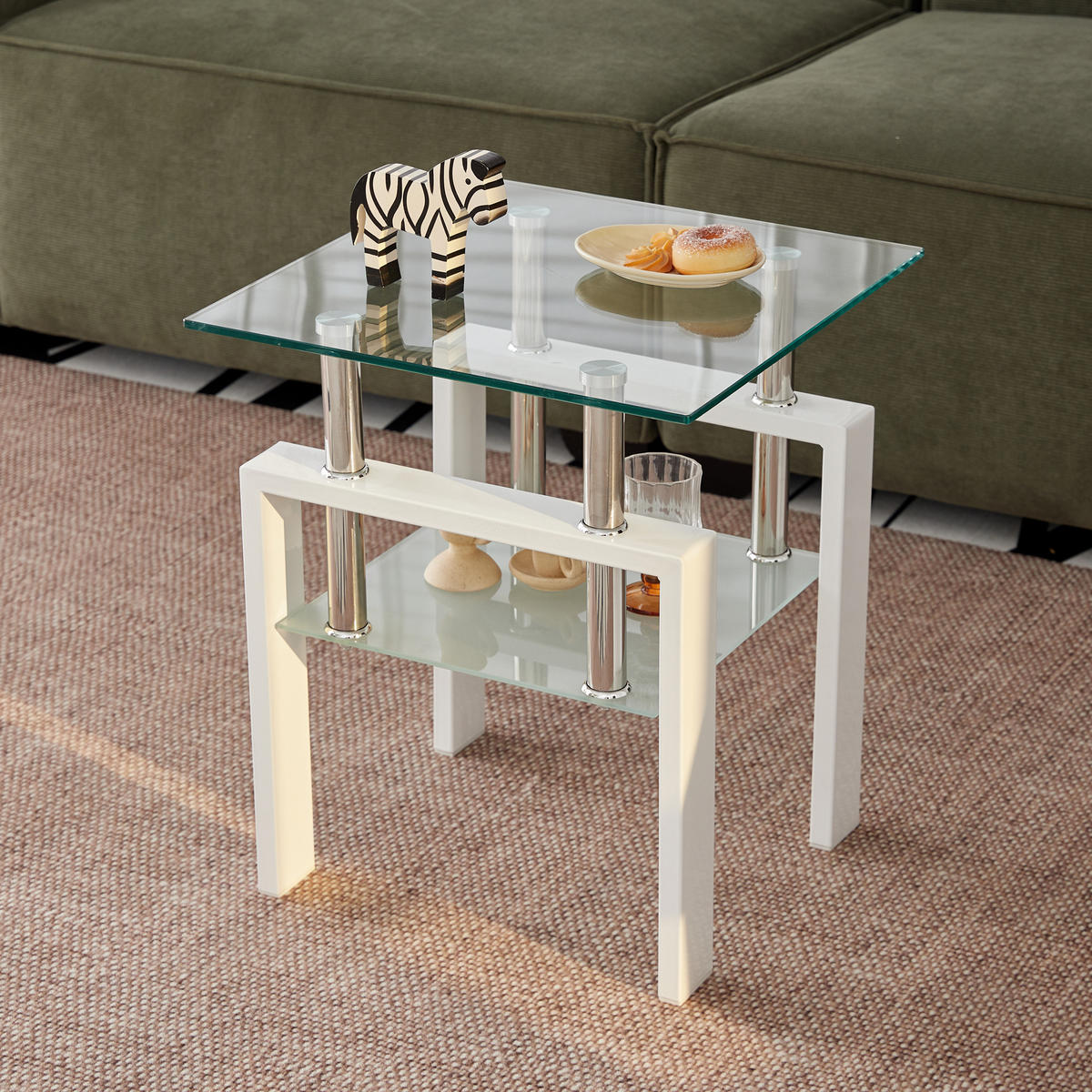 BEISTELLTISCH 2er-Set Weiß/Transparent Sicherheitsglas mit 2 Ablagen - Transparent, Glas (45/45/52cm)