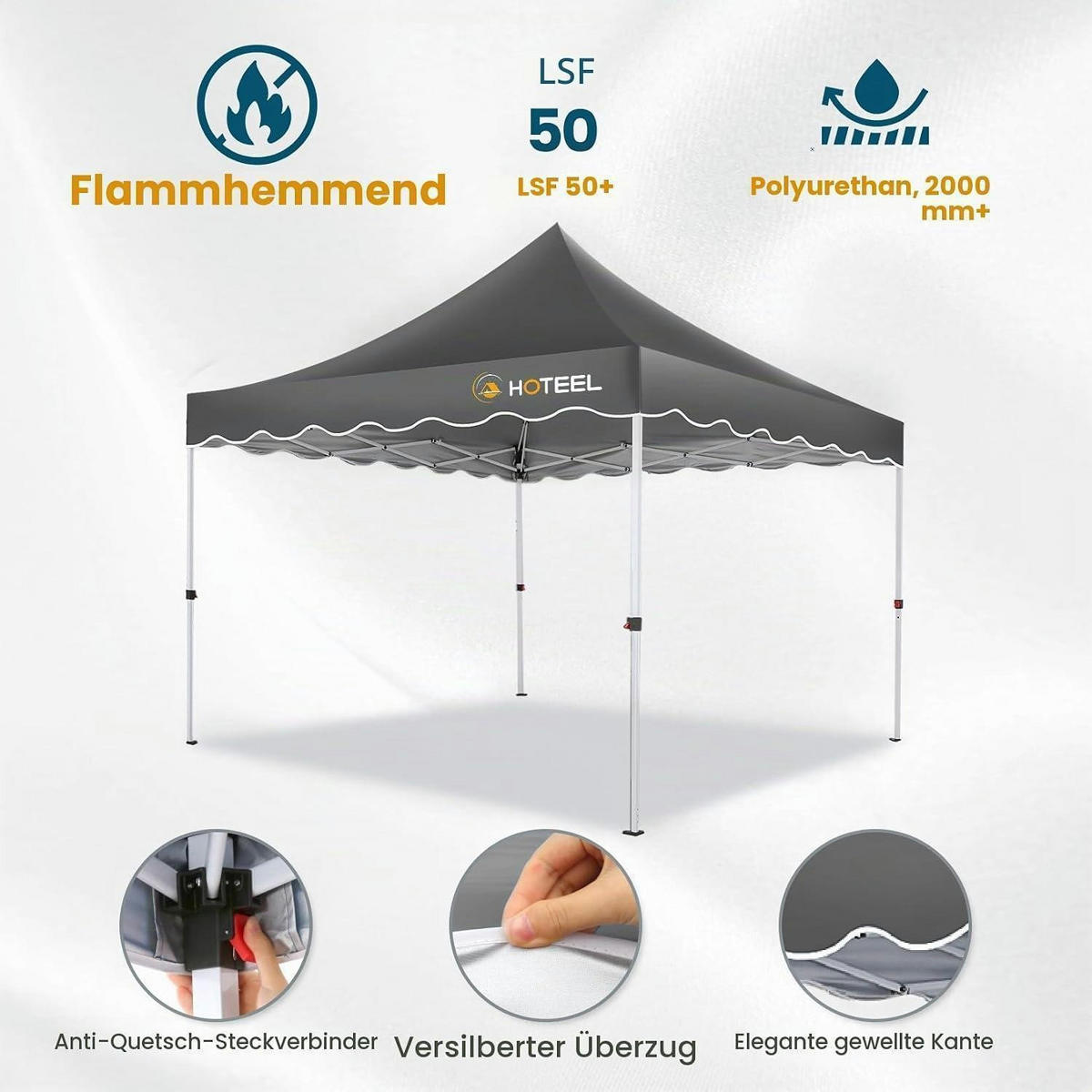 FALTPAVILLON 3x3m Grau mit 4 Seitenwänden Wasserdicht UV Schutz 50+ - Grau, Textil (22/26/118cm)