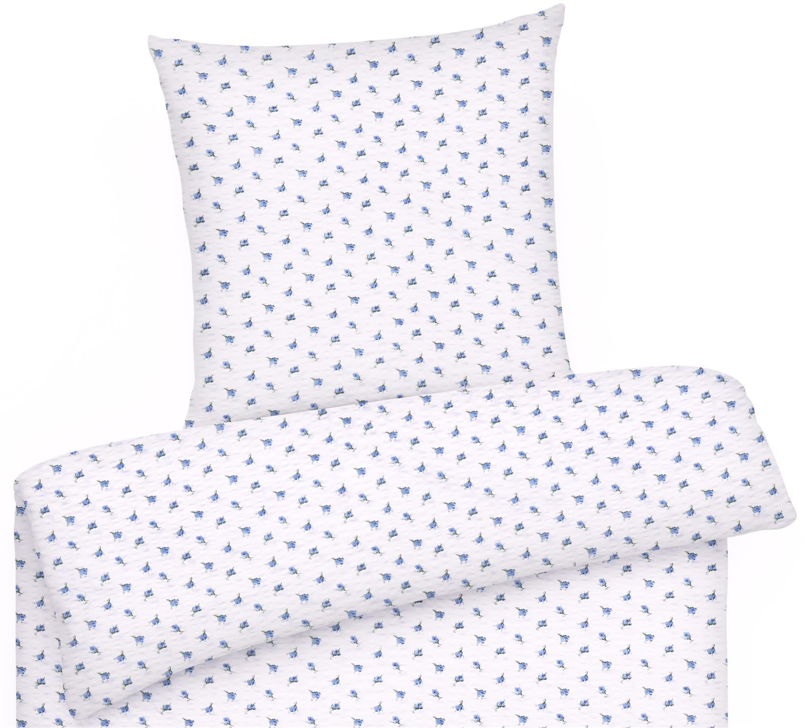 SEERSUCKER-BETTWÄSCHE 135x200 geblümt Sommer Bettbezug Bügelfrei aus 100% Baumwolle, Bettbezüge Blumen Rosen Muster Blau - Weiß, Textil (135/200cm) - Carpe Sonno