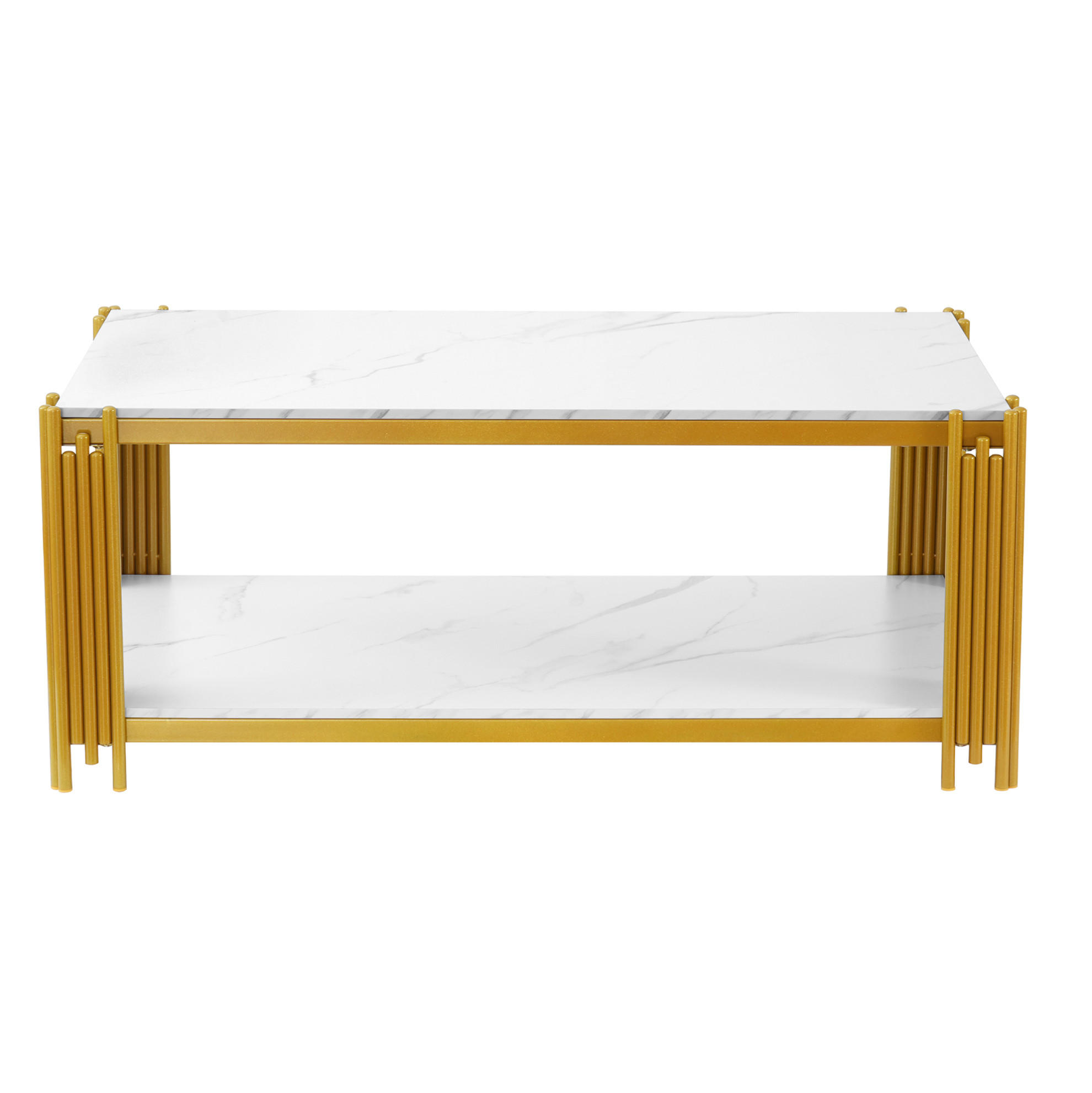 COUCHTISCH 114/64 cm mit 2 Ablagen in Weiß/Gold mit Marmor-Dekor - Weiß, Holzwerkstoff (114/64/46cm) - BEAOK