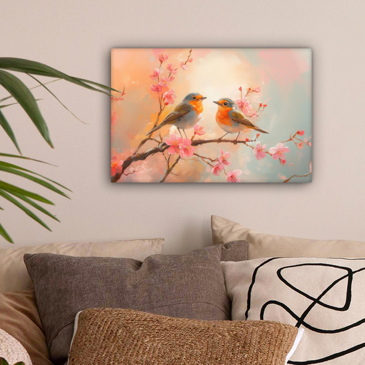 LEINWANDBILD Rotkehlchen - Zierpflanze - Blütenzweig Deko Schlafzimmer 30x20 cm - Hellrosa, Textil (30/20cm) - MuchoWow