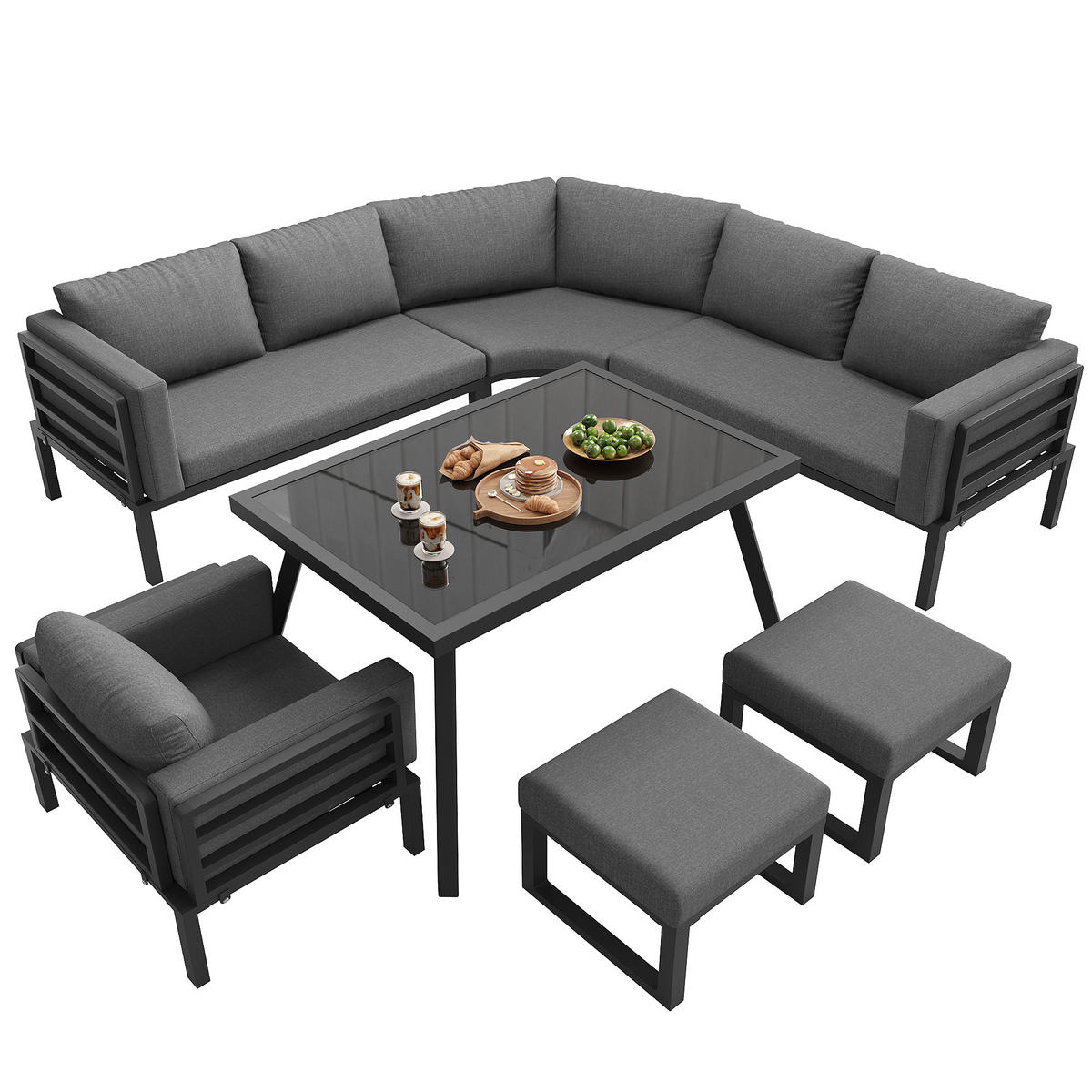 GARTENSET Halbmondform 8 Personen Grau Inkl. Tisch & Hocker - Grau, Metall - FLIEKS