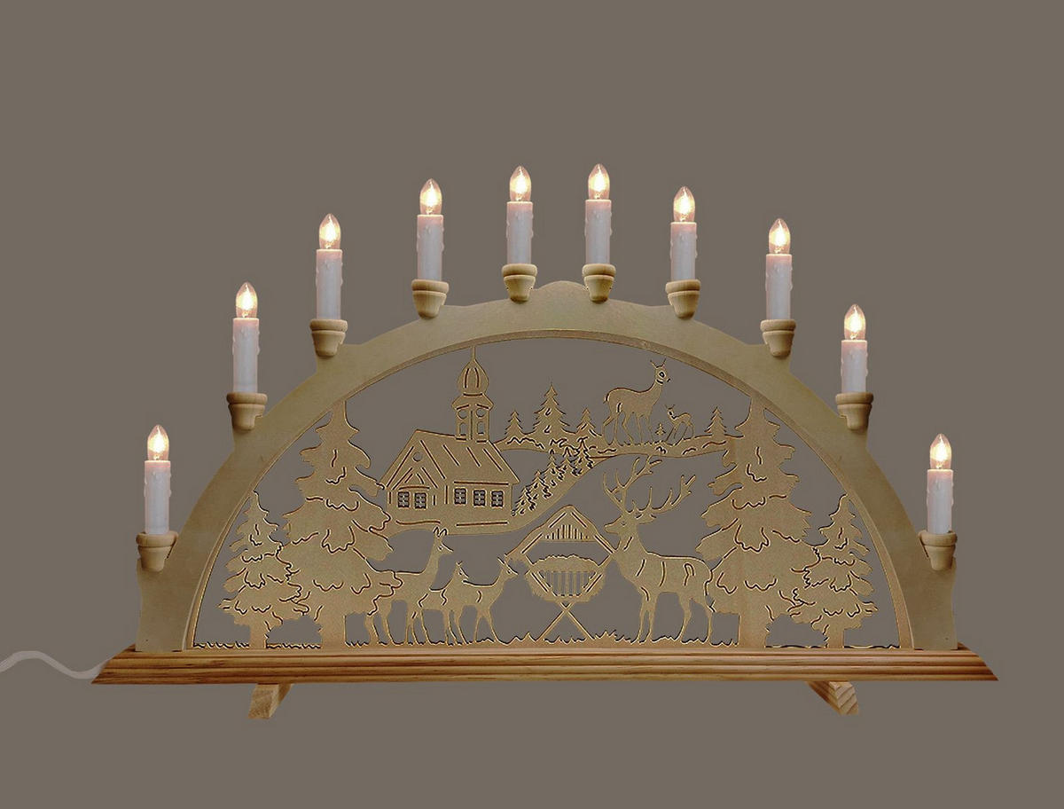 SCHWIBBOGEN Waldkirche und Rehe 10-flammig - Multicolor, Holz (0.1/1/0.1cm) - Dekoteam24