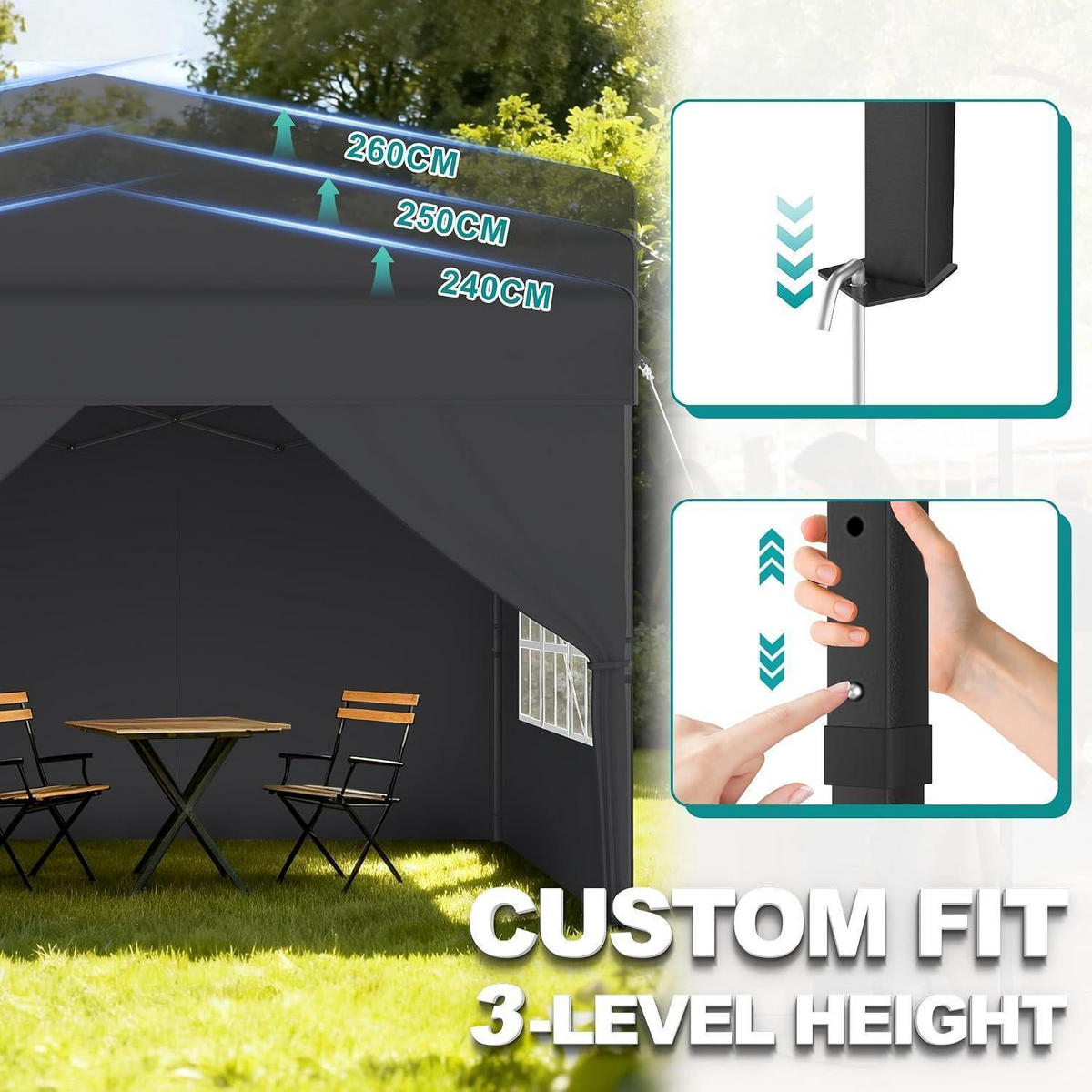 FALTPAVILLON 3x3 m Anthrazit mit Seitenwänden - Anthrazit, Textil (300/260/300cm)