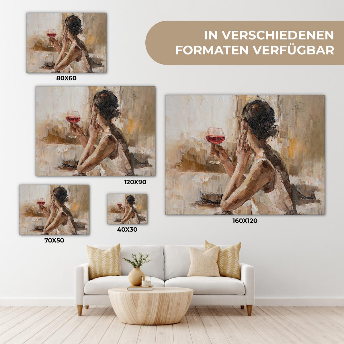 LEINWANDBILD Ölgemälde - Frau - Wein Wandbilder 80x60 cm - Hellbraun, Textil (80/60cm) - MuchoWow