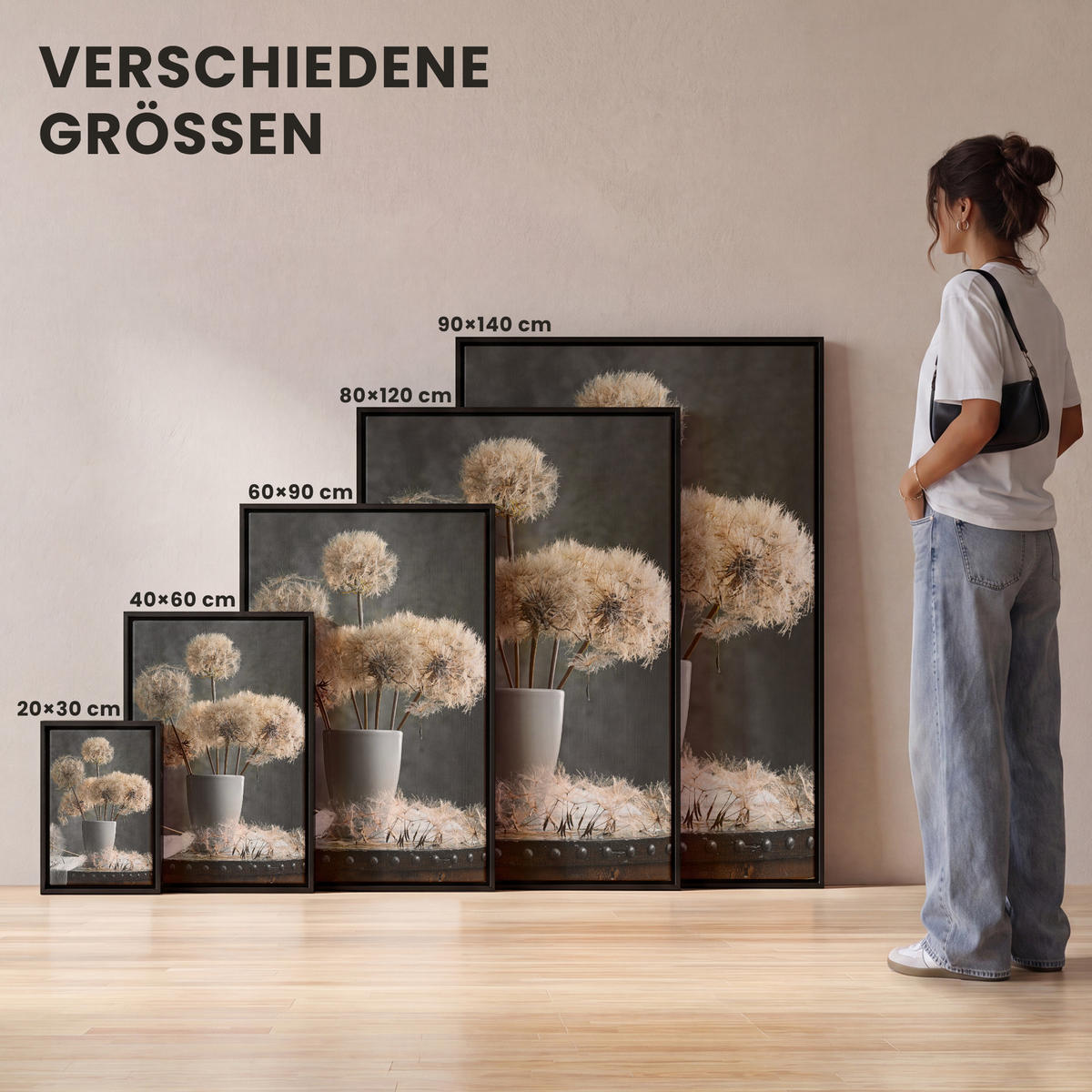 LEINWAND Bilder mit Rahmen - Blumensamen - Löwenzahn - Vase - Stilleben - Blumenstrauß - 60x90 - Dunkelgrau, Textil (60/90cm) - MuchoWow