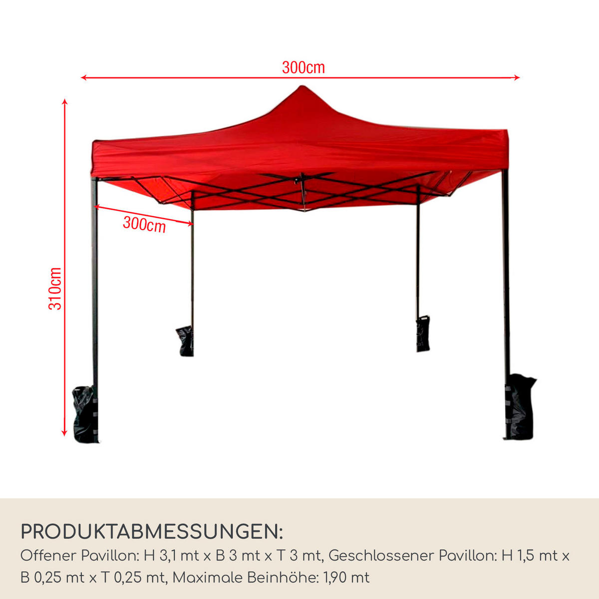 FALTPAVILLON Rot 300/300/310 cm - Rot, Metall (300/310/300cm) - Mobili Rebecca