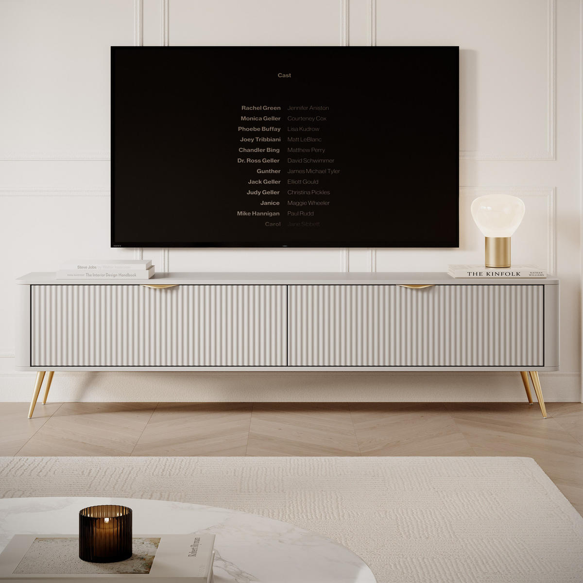TV-LOWBOARD 200 cm Beige / Gold - mit geriffelten Fronten und 2 Klappen - Beige/Gelb, Holz/Holzwerkstoff (200/51/38cm) - Ravio