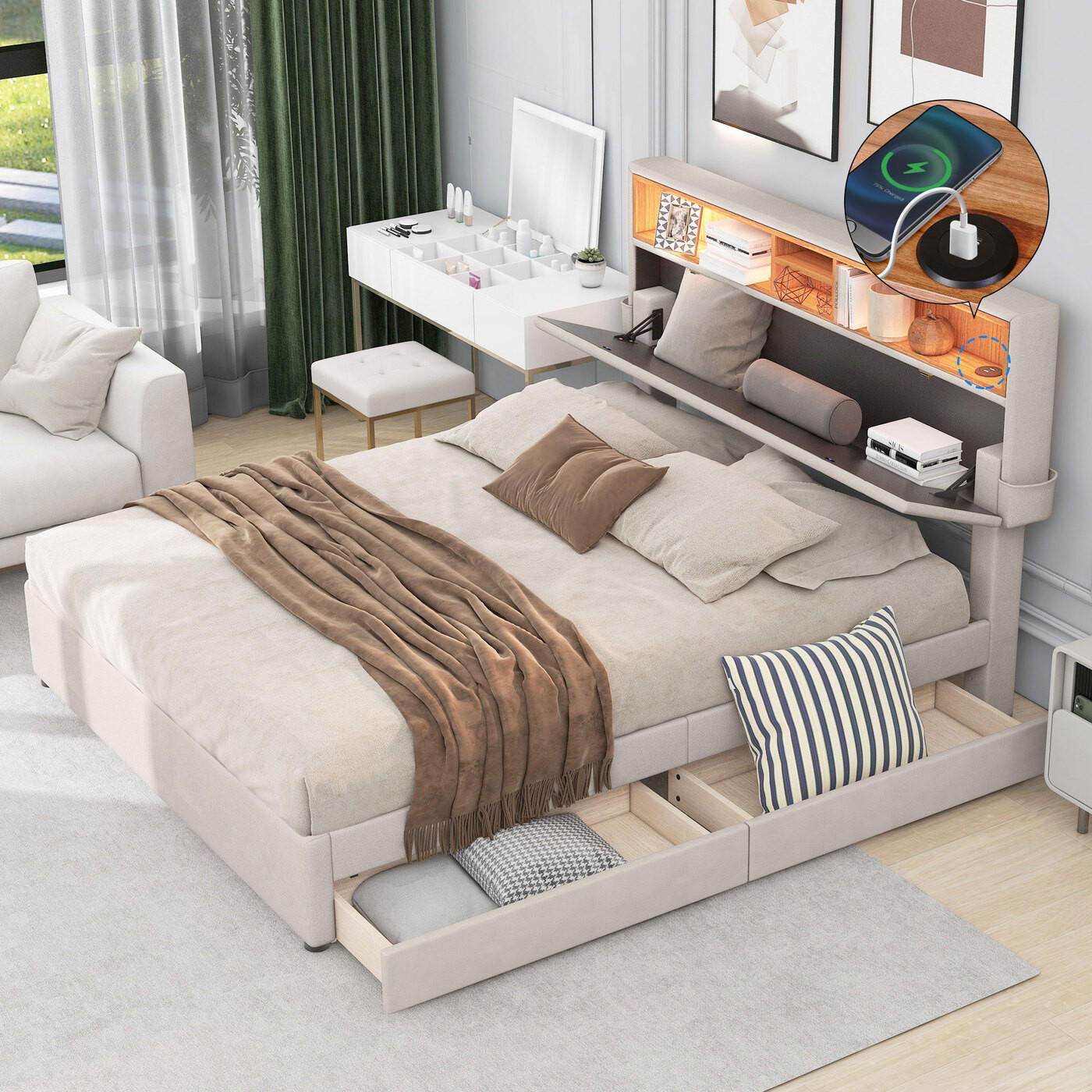 POLSTERBETT 140/200 cm in Beige mit LED-Beleuchtung - Grau, Holz/Textil (140/200cm) - KOMHTOM