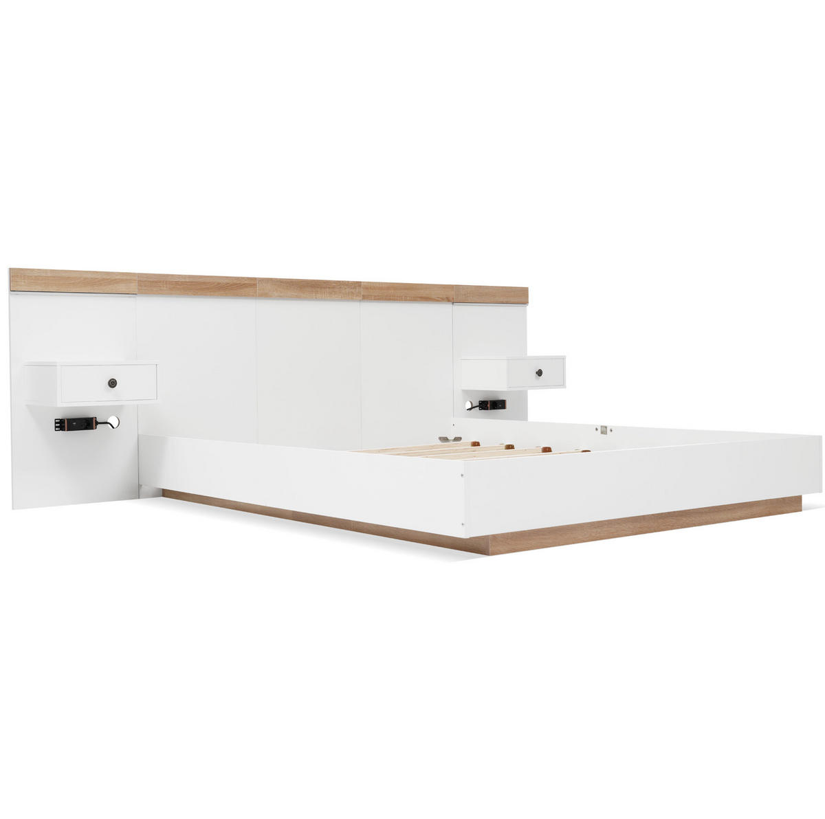 DOPPELBETT 140/200 cm mit 2 LED-Nachtkommoden, USB/Typ-C und Steckdose, Schwebeoptik, Sonoma-Eiche/Weiß - Weiß, Holzwerkstoff (140/200cm) - Redom