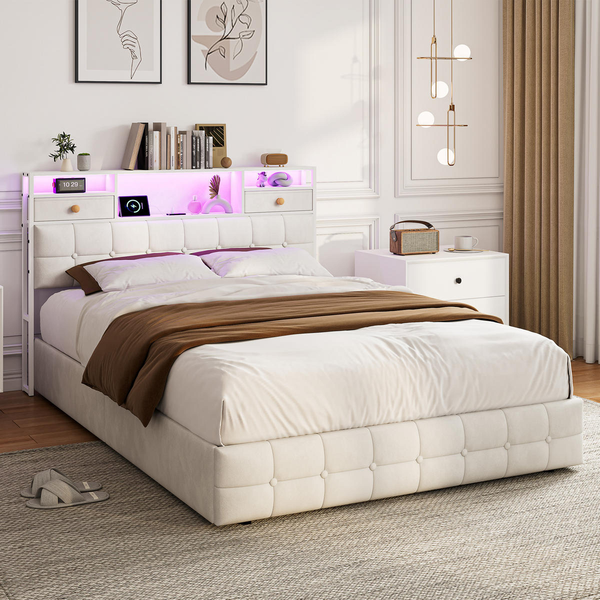 POLSTERBETT 140/200 cm mit Schubladen, Stauraum und LED-Beleuchtung - Beige, Holz/Metall (160/200cm) - FURNISHINGS HOME