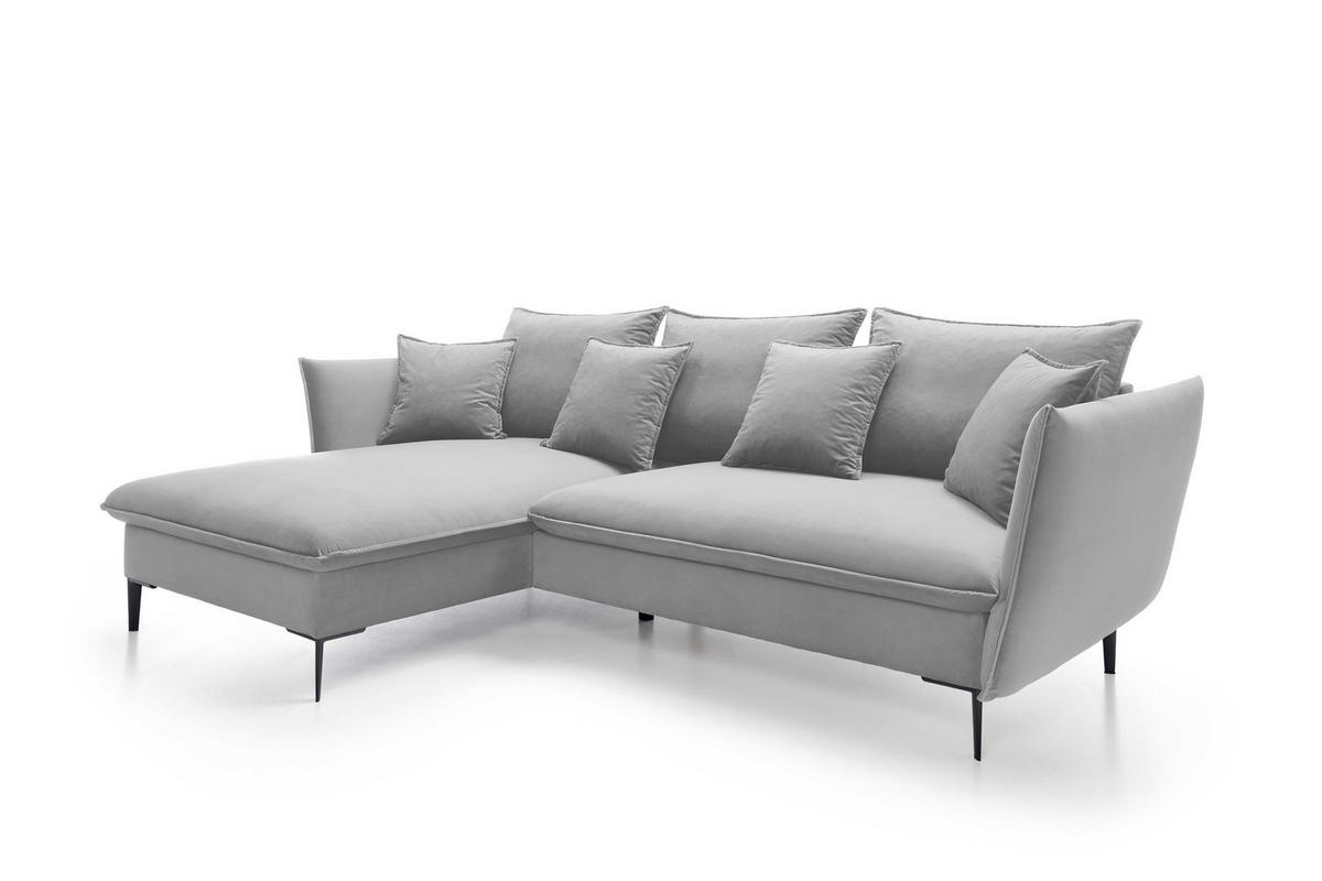 ECKSOFA GLOSS mit Schlaffunktion, Ottomane & goldenen Füßen – Samtsofa im GLOSSour-Stil mit Zierkissen, 258x167x91cm, Linke, GRAU - Blau, Holz/Textil (167/258cm) - DomoHome