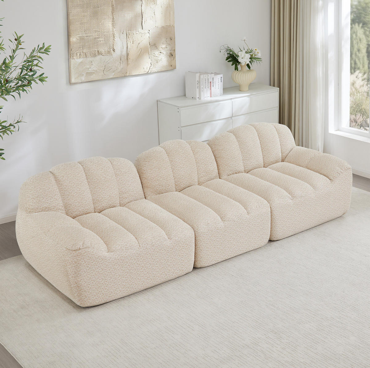 SOFA in Beige Weiß aus Granuliertem Fleece mit Ottomane - Beige, Textil (104/79/288cm) - Flora Grace