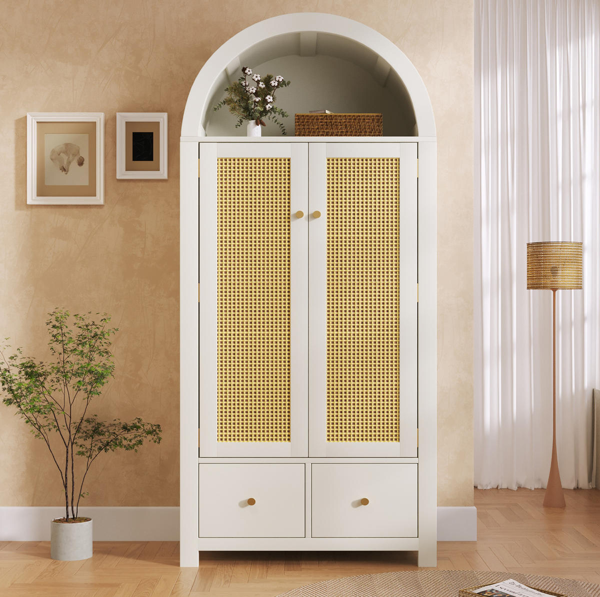 KLEIDERSCHRANK aus Holz 45x78x181 cm Weiß mit Rattangeflecht, 2 Türen, 2 Schubladen und Kleiderstange - Weiß, Holzwerkstoff (78/181/45cm) - Modfu
