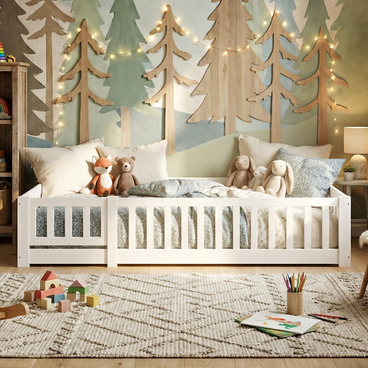 BODENBETT Modern mit Schließbarer Sicherheitstür 120/200 cm Kiefer-Massivholz Weiß - Weiß, Holz (120/200cm) - Creahappy