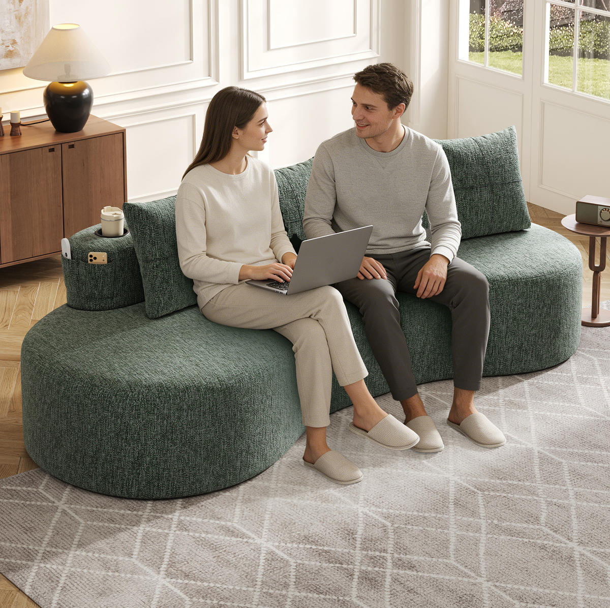 SOFA 240/109/60 cm aus Leinen mit Becherhaltern und Seitentaschen Grün - Grün, Textil (109/63/240cm) - Modenvie