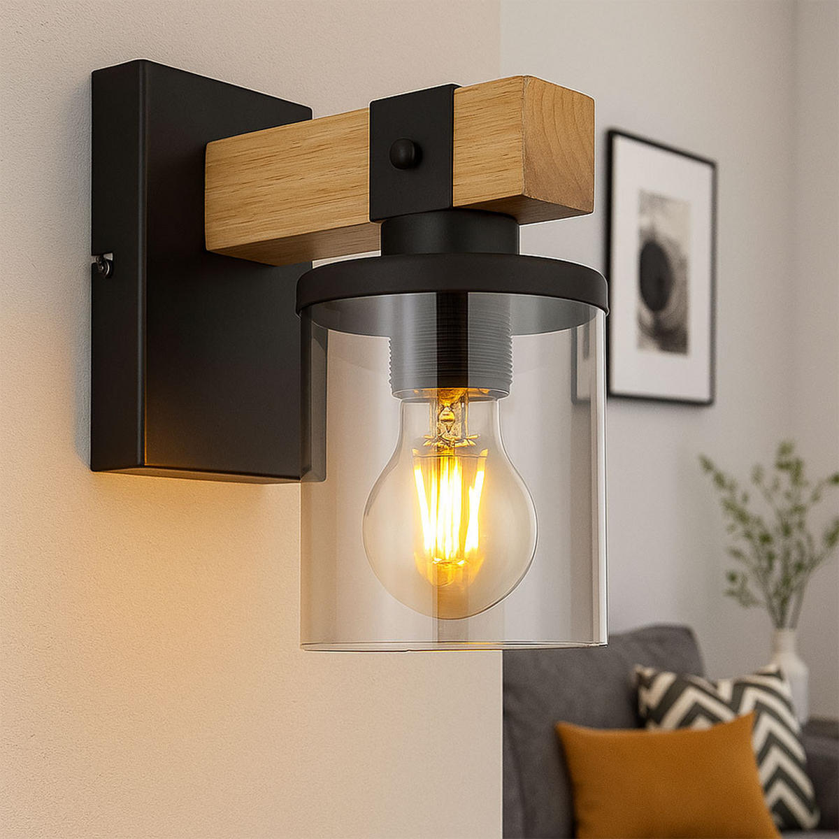 WANDELEUCHTE Metall Schwarz Holz - Schwarz, Glas (10/22.5/17cm) - Globo Lighting