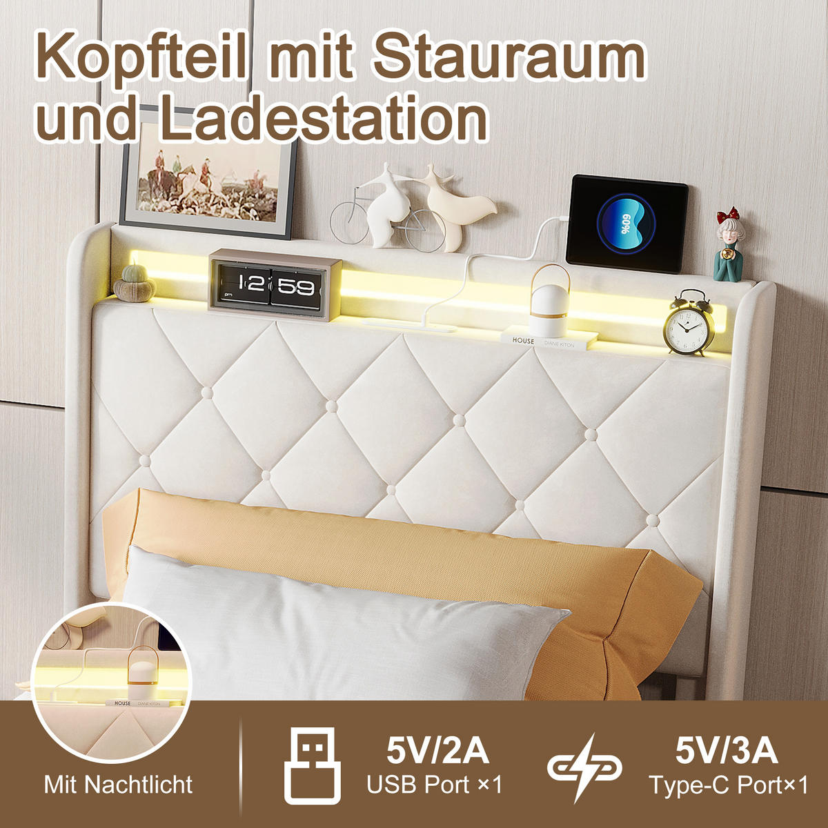 POLSTERBETT 90x200 cm, Zwei Schubladen mit Rollen, RGB LED, USB-/Typ-C-Anschlüsse, Samtstoff, Beige - Beige, Holz (90/200cm) - BRILVERDE