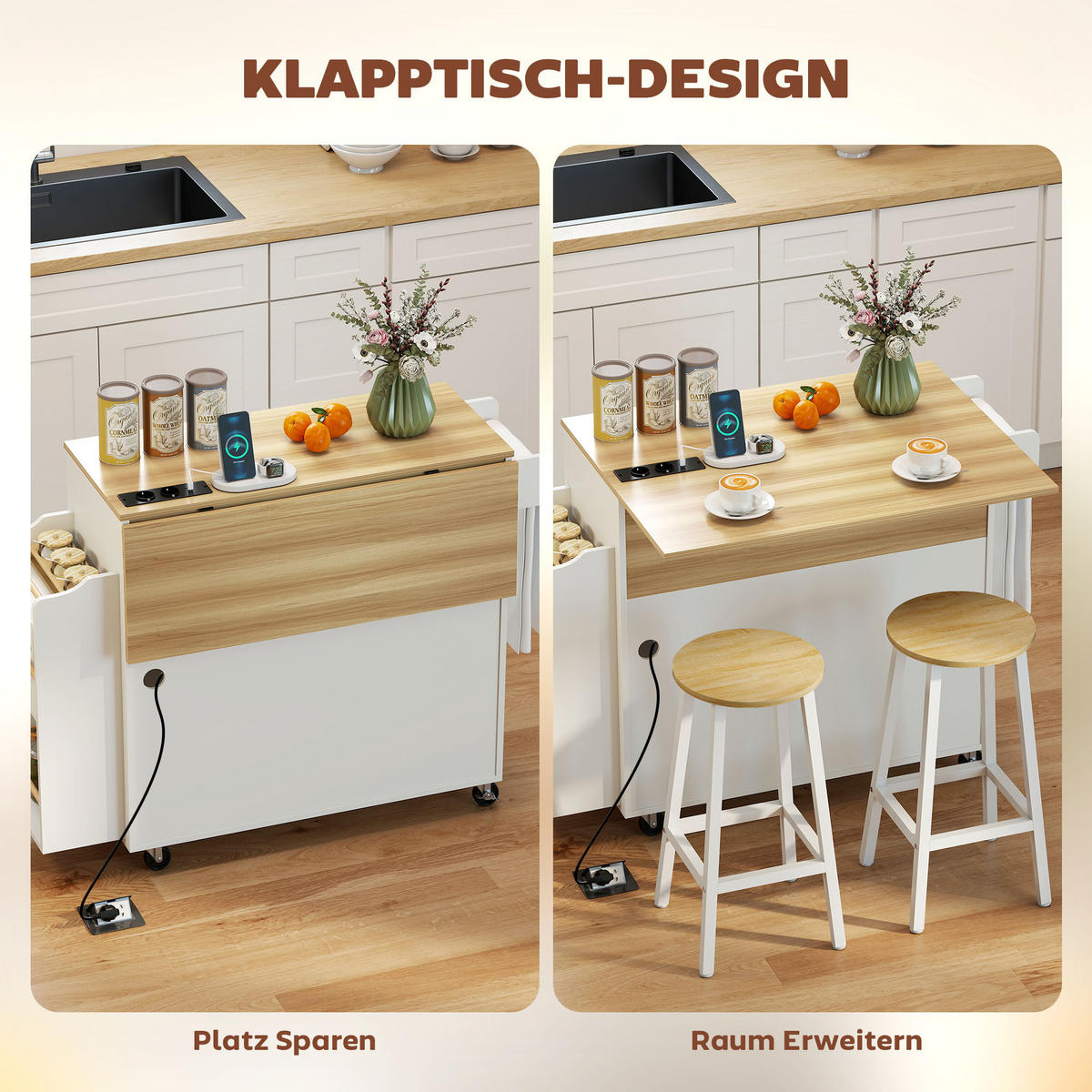 KÜCHENINSEL Küchenwagen auf Rollen mit abklappbarer Arbeitsplatte Ablage Weiß - Schwarz/Weiß, Holzwerkstoff (68/85/120cm) - HOMCOM