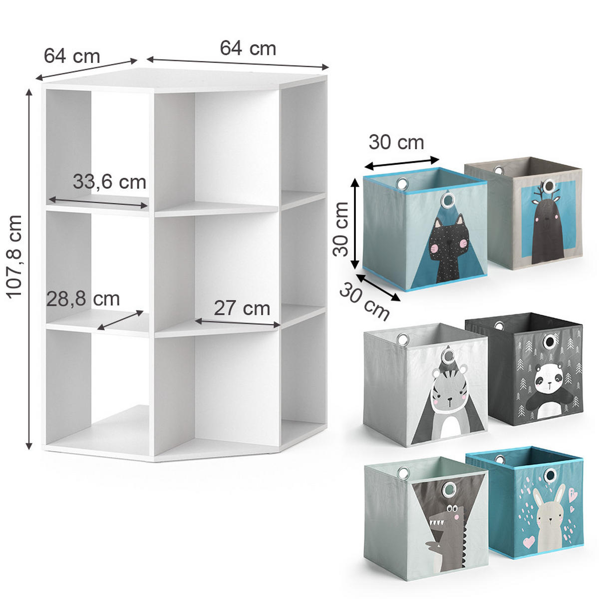 KINDERREGAL Luigi Weiß 64 x 107.8 cm mit 6 Faltboxen opt.2 - Weiß, Holzwerkstoff (64/107.8/64cm) - Vicco