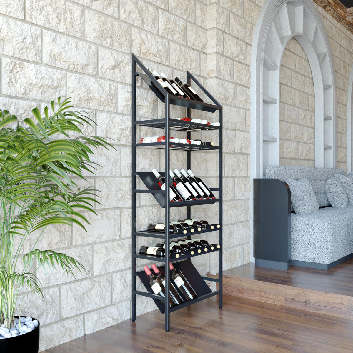 WEINREGAL für 49 Flaschen aus Metall, schwarz Alsace - Schwarz, Metall (60/170/30cm) - Metalo Pro