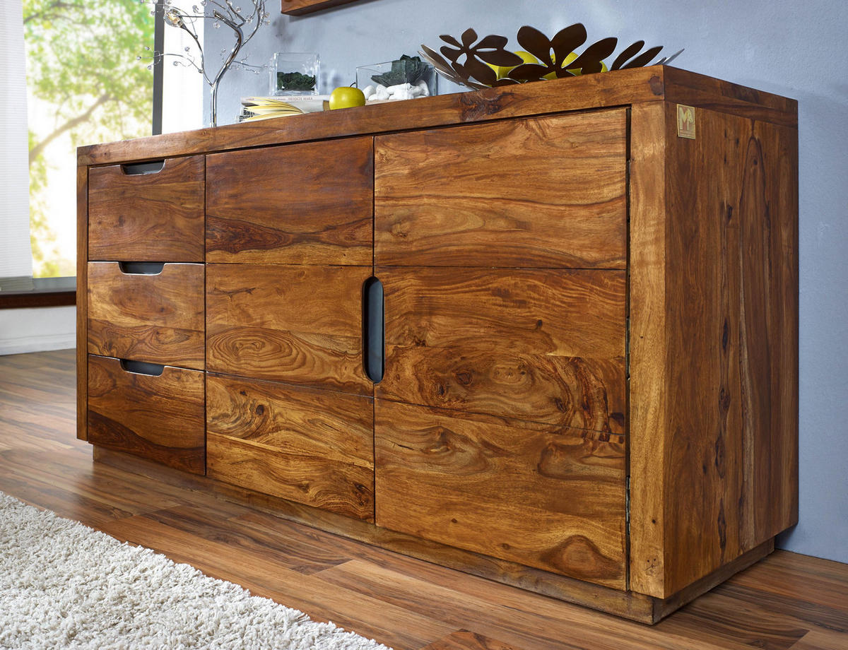 SIDEBOARD Sheesham 150x45x75 walnuss lackiert DUKE #126 - Dunkelbraun, Holz (150/75/45cm) - Massivmoebel24