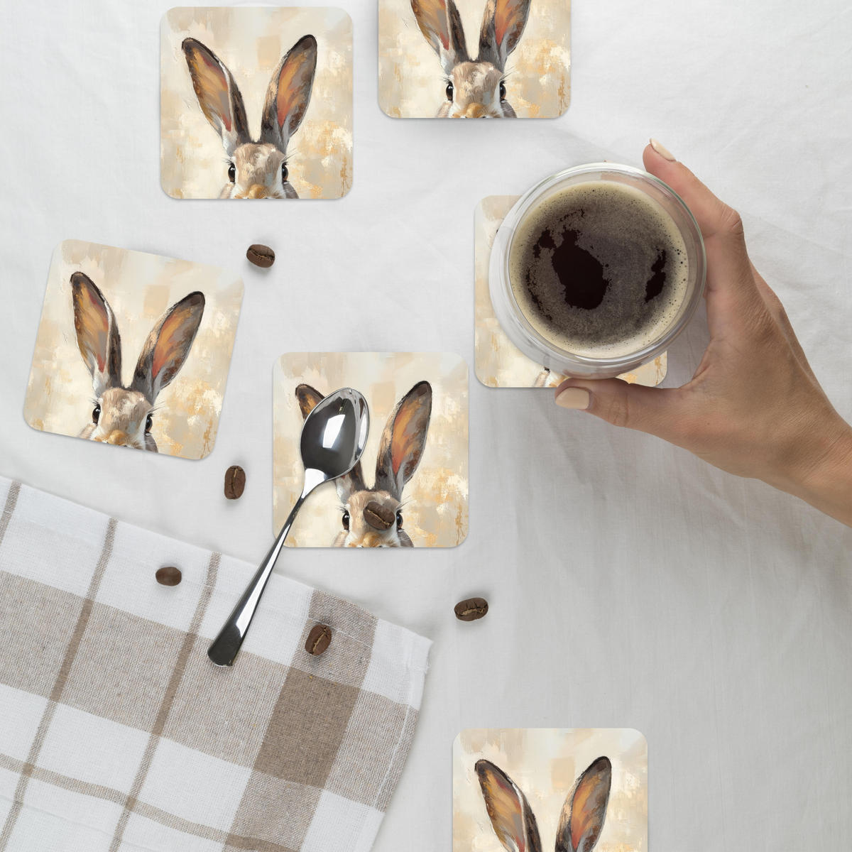 GLASUNTERSETZER 6er-Set Hase - Ohren - Braun 10x10 cm - Beige, Naturmaterialien (10/0.2cm) - MuchoWow